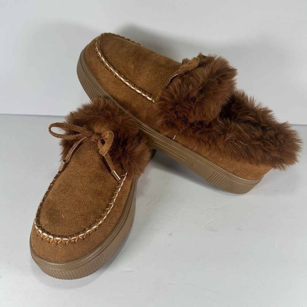 Brown Suede Moccasins Plush Fur Lined Loafer Slippers Women's Size 38 (US 7)